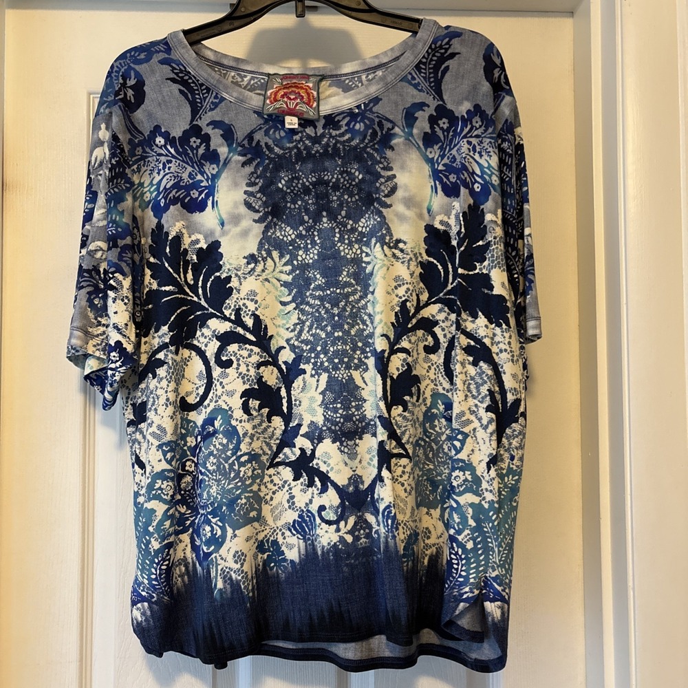 Johnny Was The Janie Oversized Cropped Tee Denim Blue Lace Floral Boho Indie L
